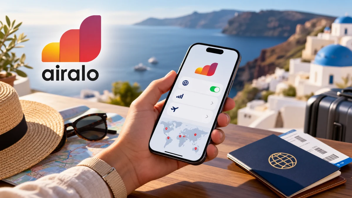 Airalo-branded travel illustration with a smartphone overlooking the sea