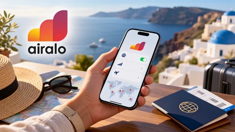 Airalo-branded travel illustration with a smartphone overlooking the sea