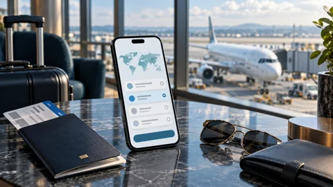 Smartphone with travel data plan beside passport and boarding pass at an international airport