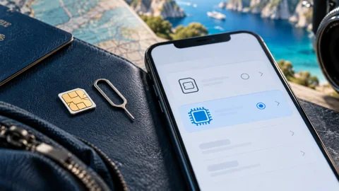 Close-up comparison of a physical nano-SIM card and digital cellular settings on a modern smartphone