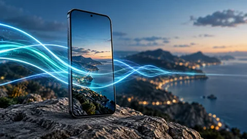 Smartphone with an abstract stream of mobile data that gradually narrows to represent speed limitations
