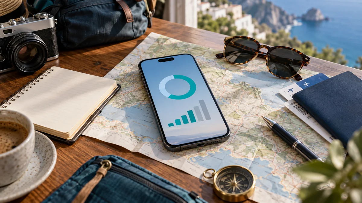 Travel planning workspace with smartphone map, notebook and mobile-data usage indicator