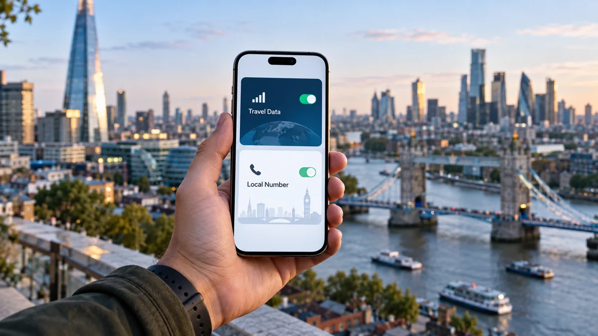 Traveler holding a smartphone showing two mobile lines and internet settings in a city