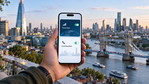 Traveler holding a smartphone showing two mobile lines and internet settings in a city