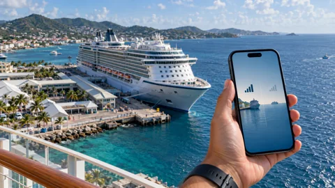 Cruise ship docked at an international port with traveler holding a smartphone