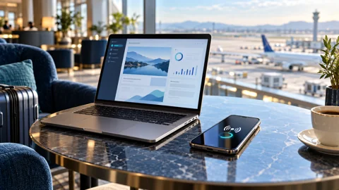 Smartphone sharing a travel mobile-data connection with a laptop in an airport lounge