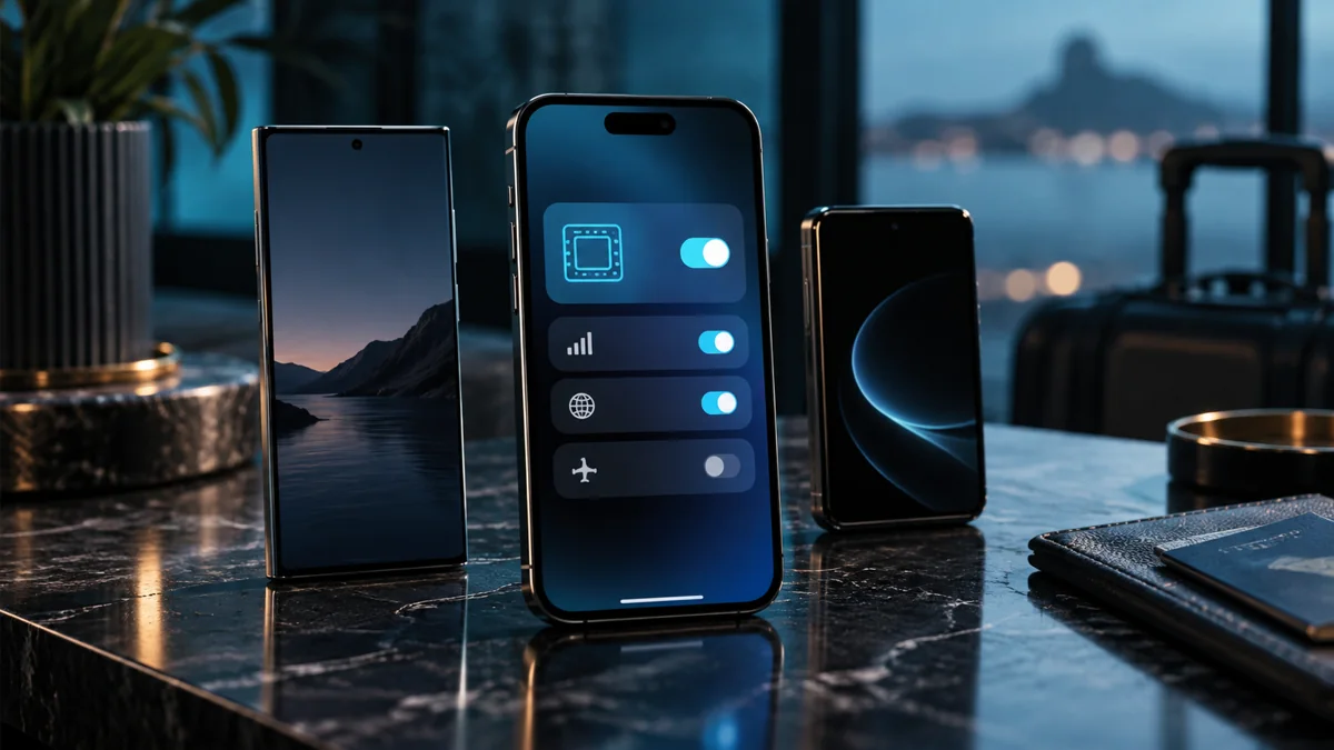 Three different smartphones displaying mobile network and digital SIM settings