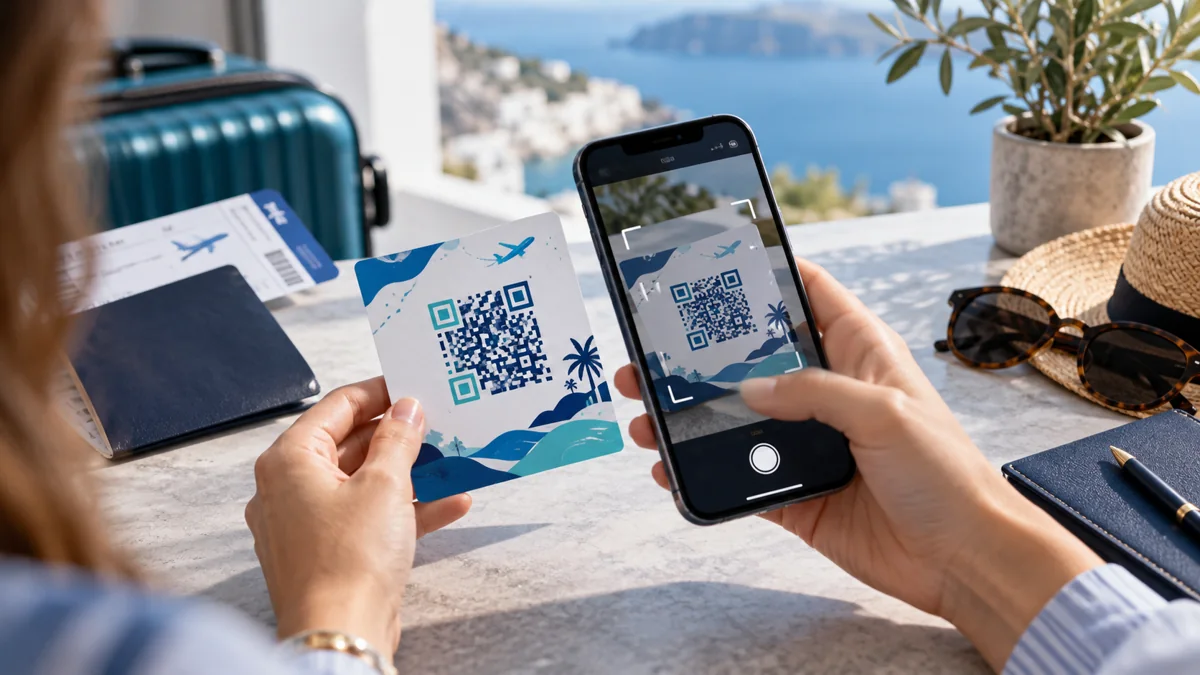 Smartphone scanning a printed activation QR code for installing a digital SIM profile