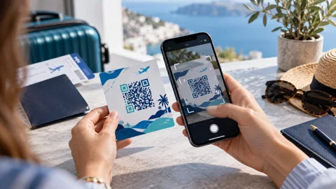 Smartphone scanning a printed activation QR code for installing a digital SIM profile