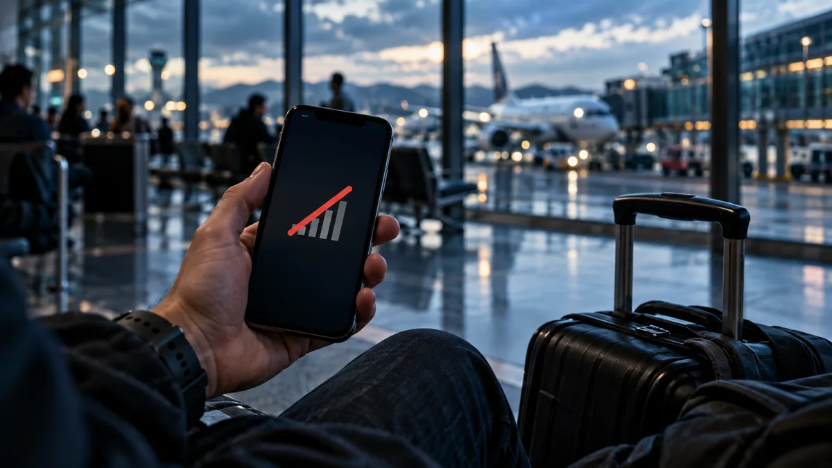 Traveler at an international airport checking a smartphone with no mobile network connection