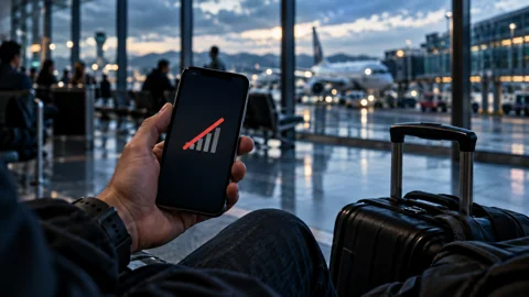 Traveler at an international airport checking a smartphone with no mobile network connection