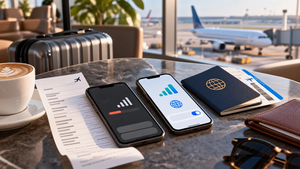 Two phones on an airport table alongside a travel budget and passport.
