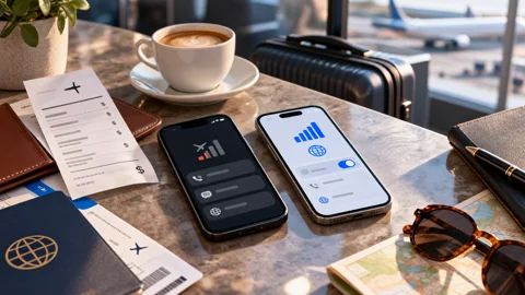 Smartphone beside a passport, wallet and boarding pass on a clean travel desk.