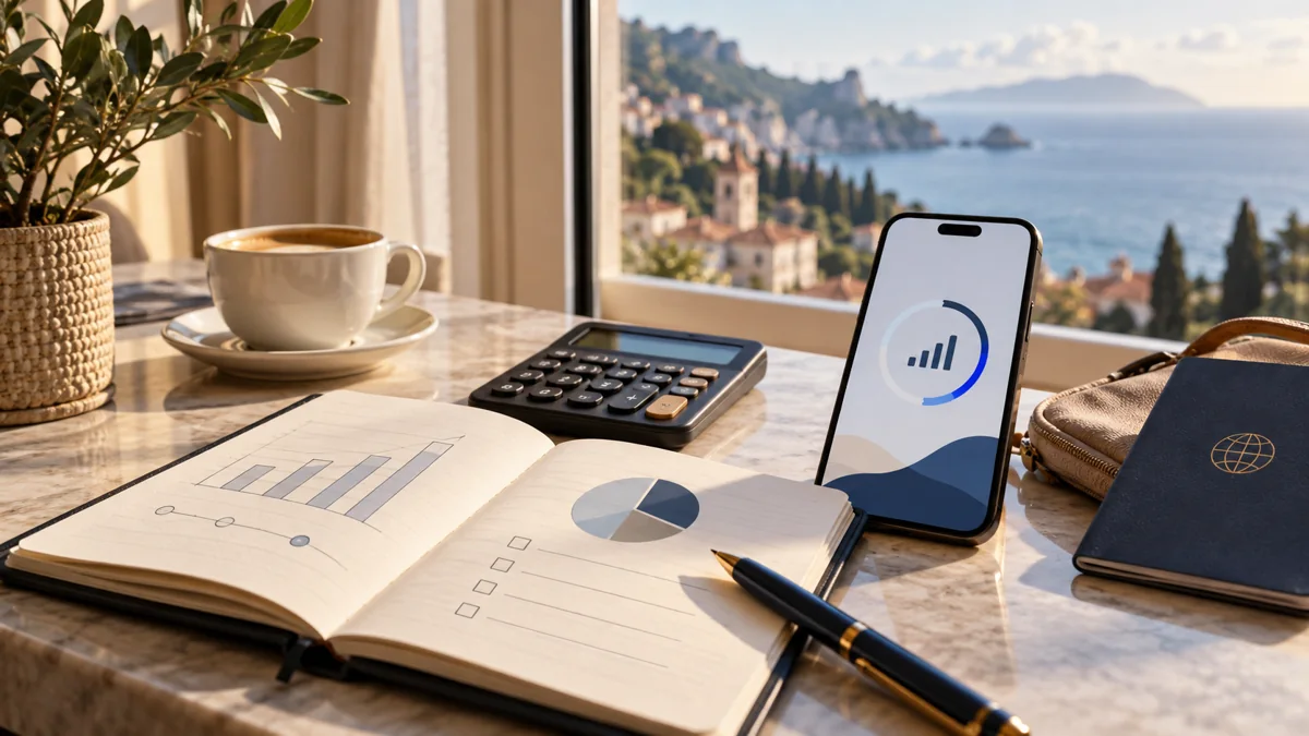 Smartphone and calculator beside a handwritten travel budget notebook.