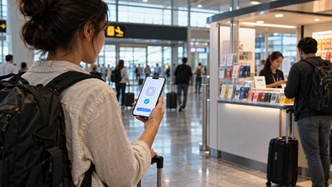 Traveler using a phone near a mobile-service counter in an airport arrival hall.