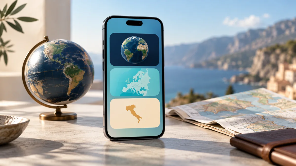 Smartphone in the foreground beside a physical globe and road map.