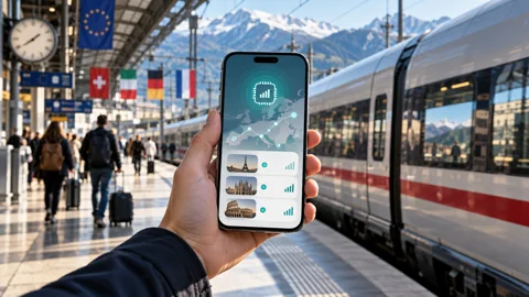 Traveler looking at a smartphone at a European railway station.