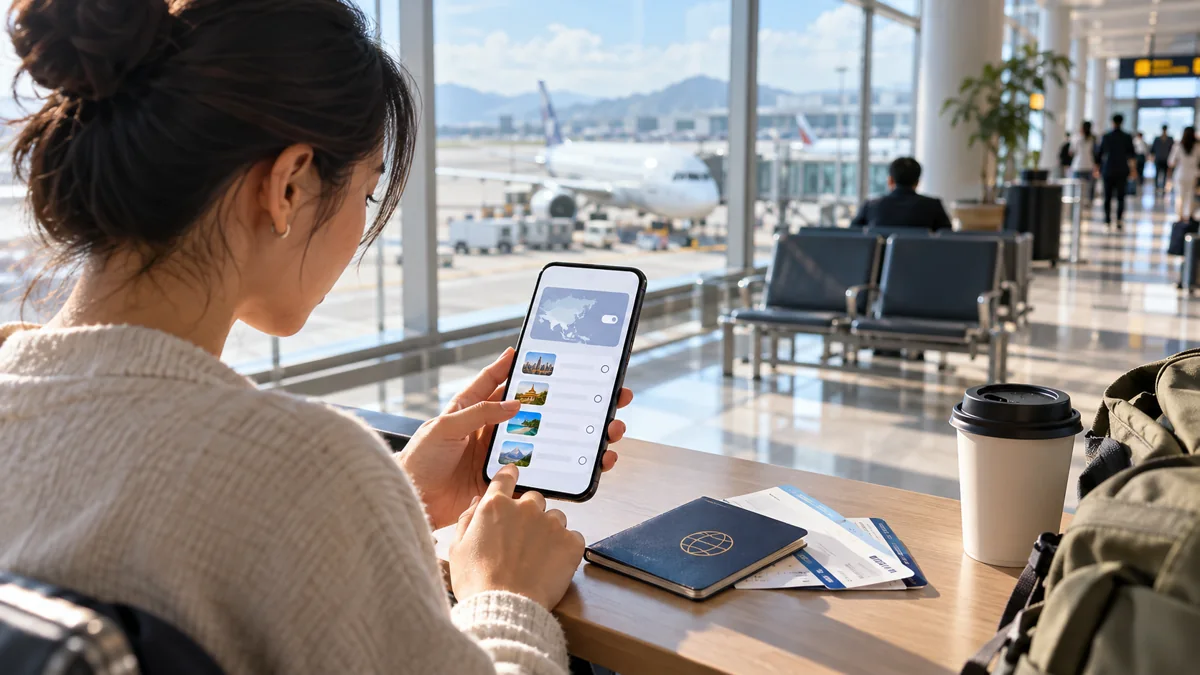 Traveler planning several Asian stops from a modern transit lounge.