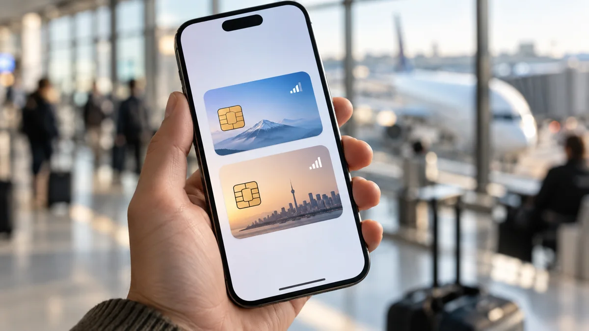 Illustration of preparing a travel eSIM on an iPhone; not a frame from the video