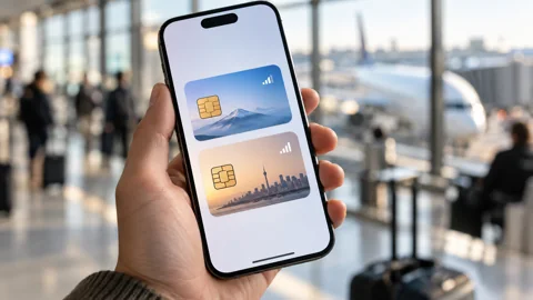 Traveler holding an iPhone with dual cellular lines in a softly blurred airport.