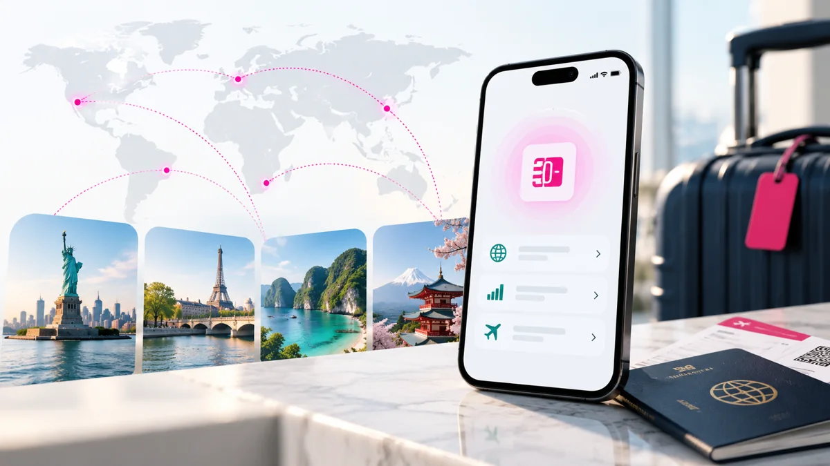 Editorial illustration of a travel phone, suitcase and airport documents