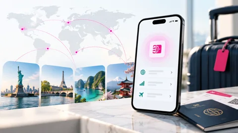 Editorial illustration of a travel phone, suitcase and airport documents