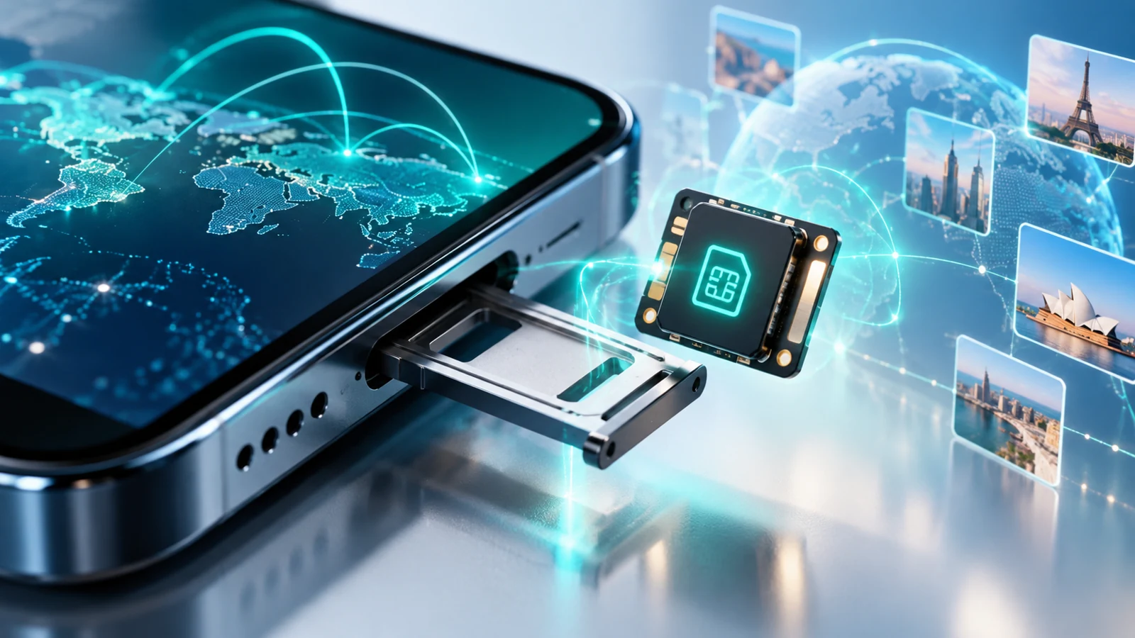 Concept illustration of a smartphone and digital SIM connectivity