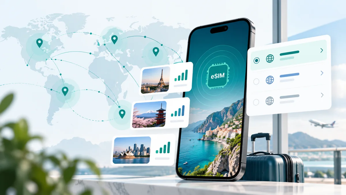 Editorial illustration of a phone with travel maps and a cellular interface