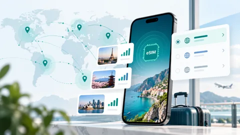Editorial illustration of a phone with travel maps and a cellular interface