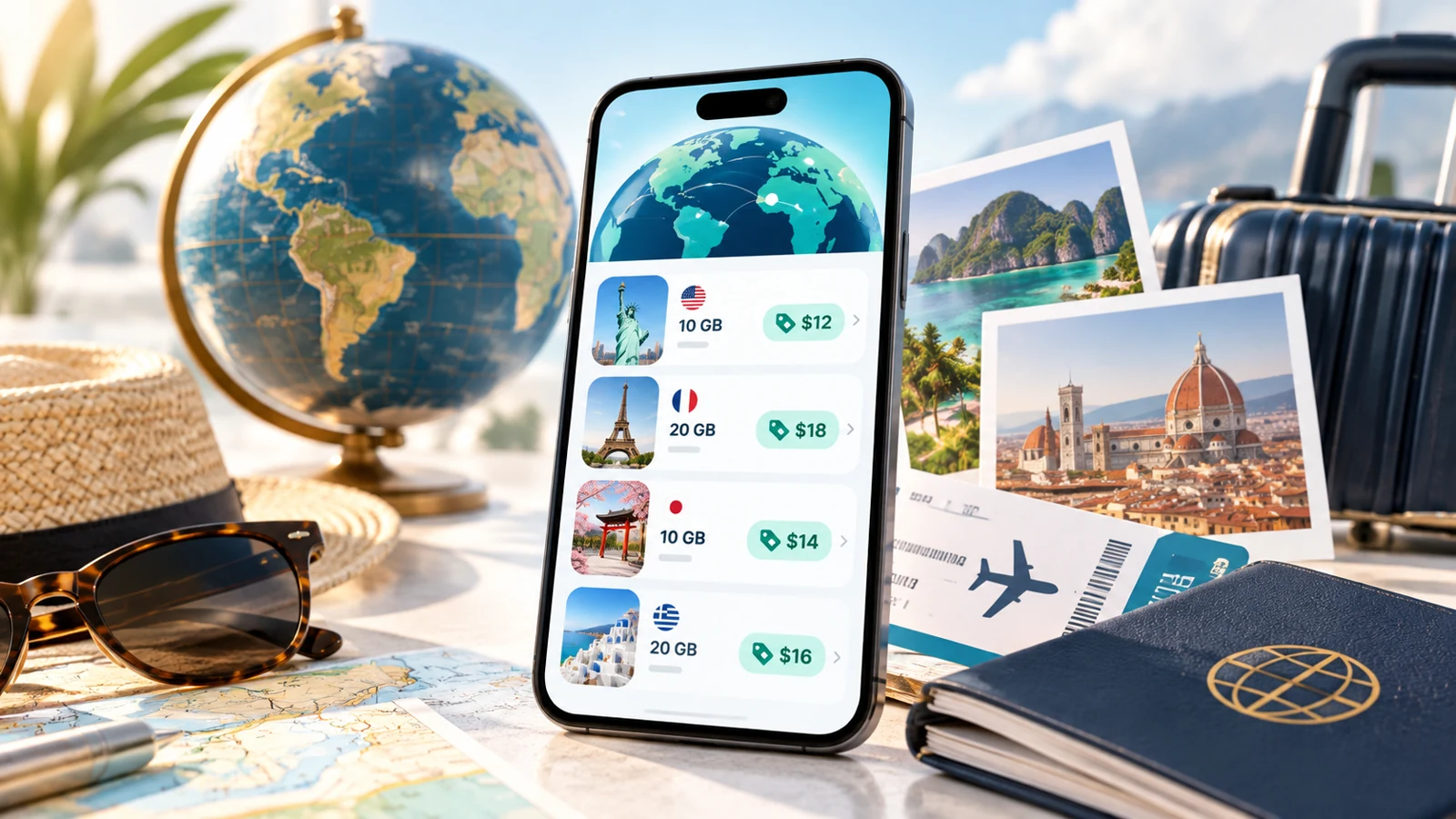 Travel phone, globe and trip documents illustrating international coverage