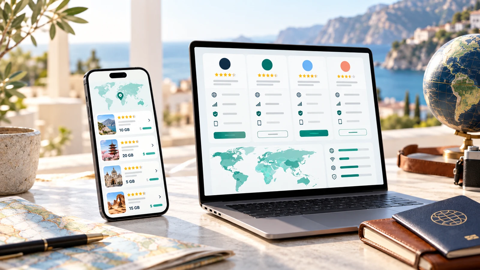 Phone and laptop showing an illustrated travel-plan comparison