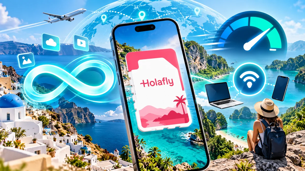 Editorial illustration of a phone and unlimited-data symbols in a coastal travel setting
