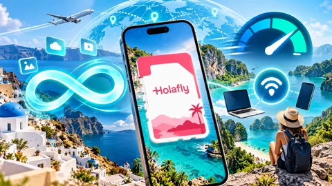 Editorial illustration of a phone and unlimited-data symbols in a coastal travel setting
