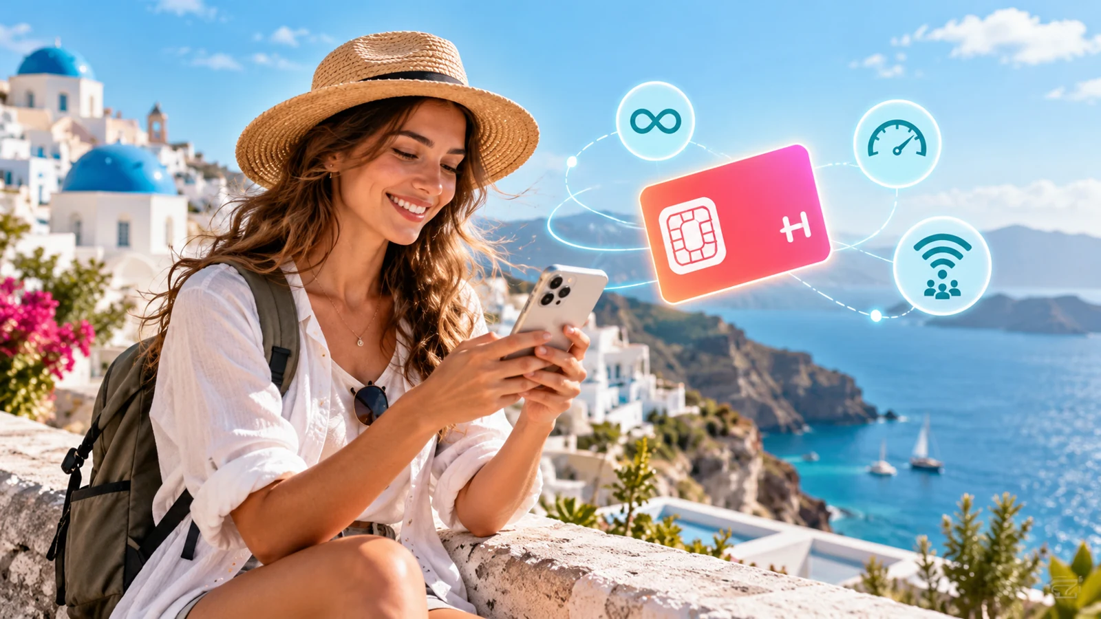 Traveler checking a phone beside illustrated unlimited-data symbols