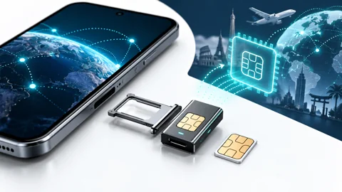 Editorial illustration of a SIM-style adapter beside a smartphone