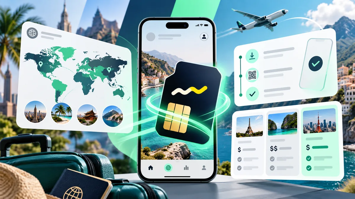 Editorial illustration of a travel phone, maps and mobile-data controls