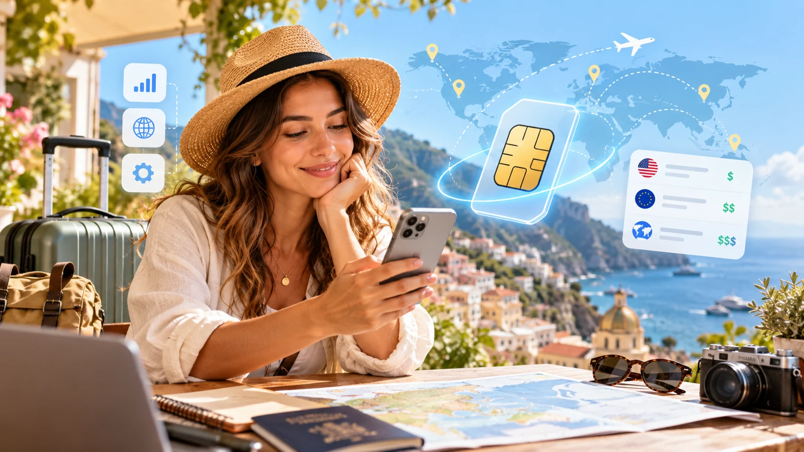 Traveler reviewing illustrated mobile data options on a phone