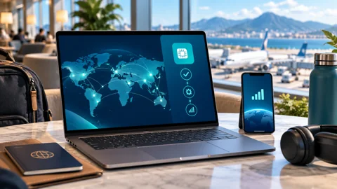Editorial illustration of a laptop with mobile connectivity beside a phone