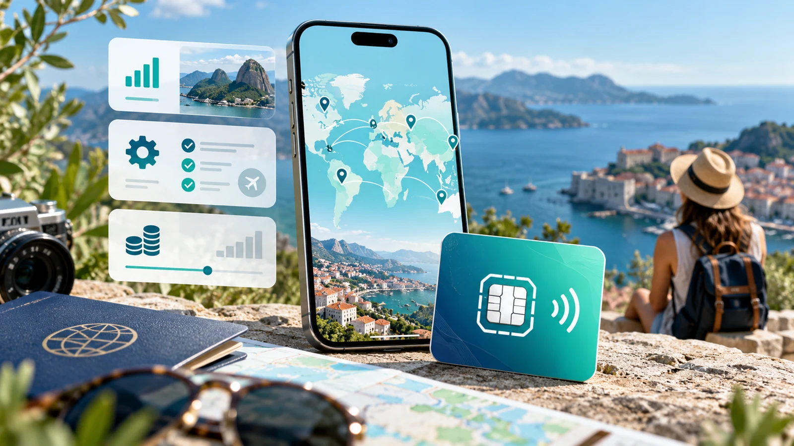 Illustrated mobile-connectivity settings and travel devices