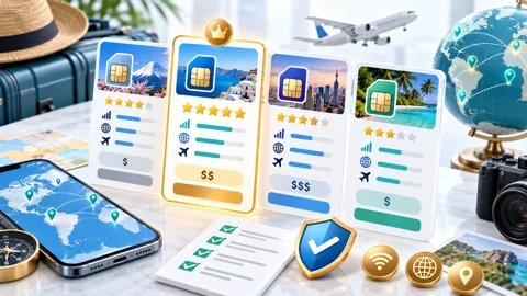Editorial illustration of comparison cards, phones and a travel notebook