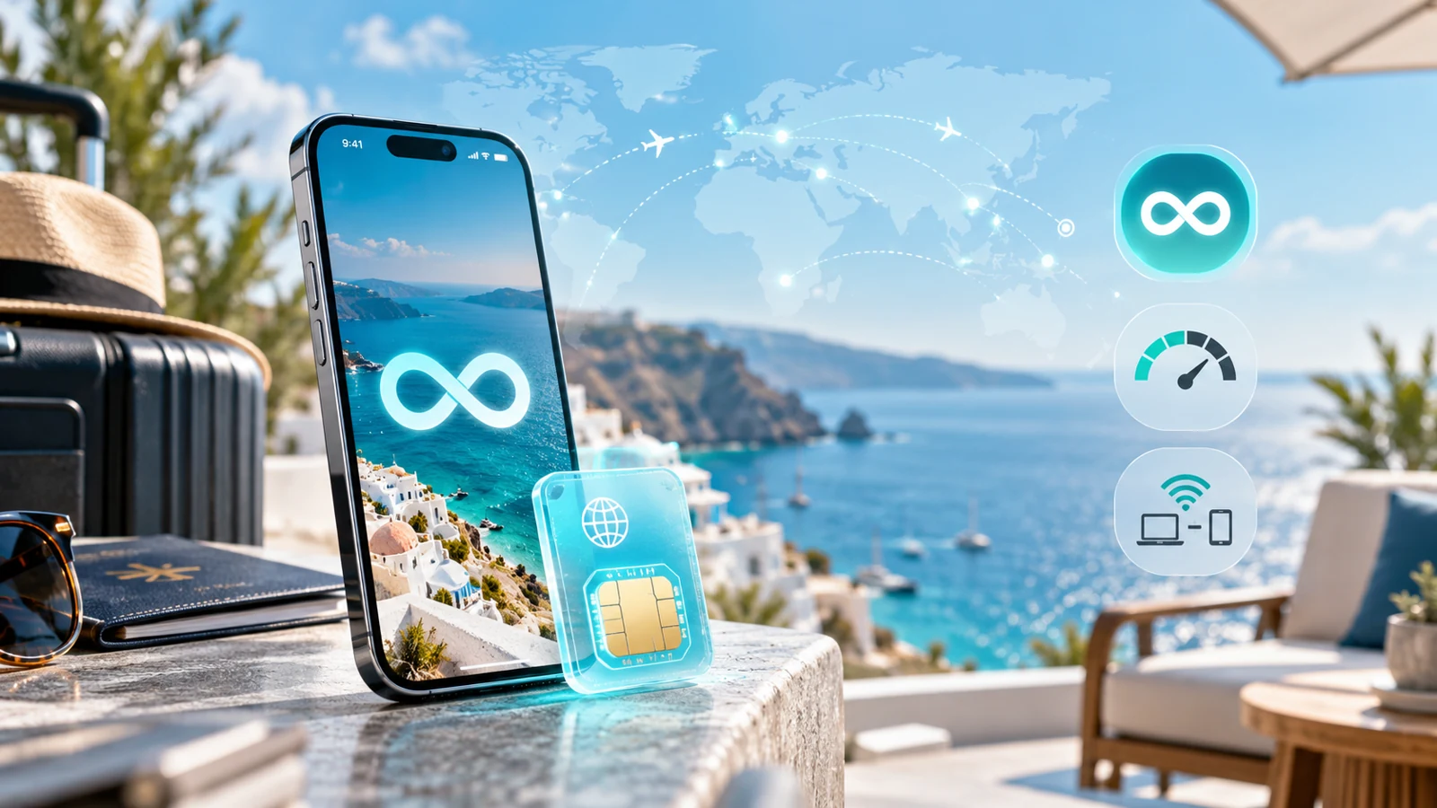 Travel phone with illustrated unlimited-data and connectivity symbols