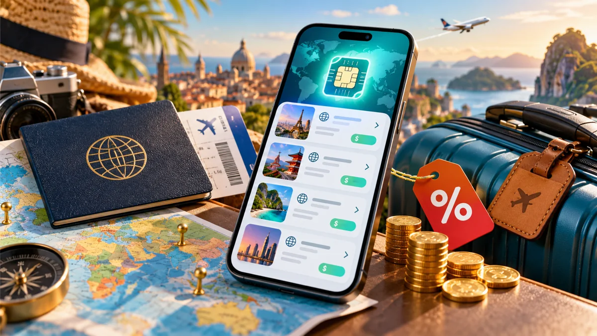 Editorial illustration of a travel phone, passport and savings symbols