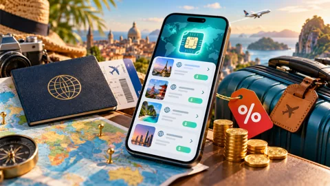 Editorial illustration of a travel phone, passport and savings symbols