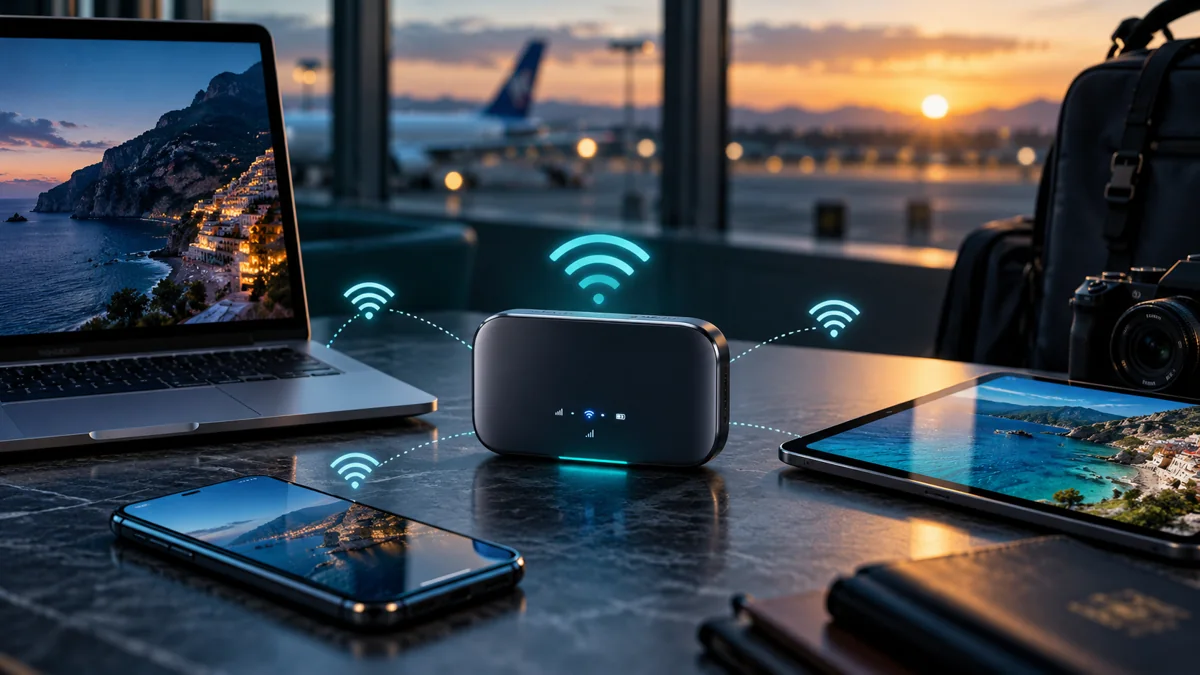 Editorial illustration of a portable router connecting a laptop and phones