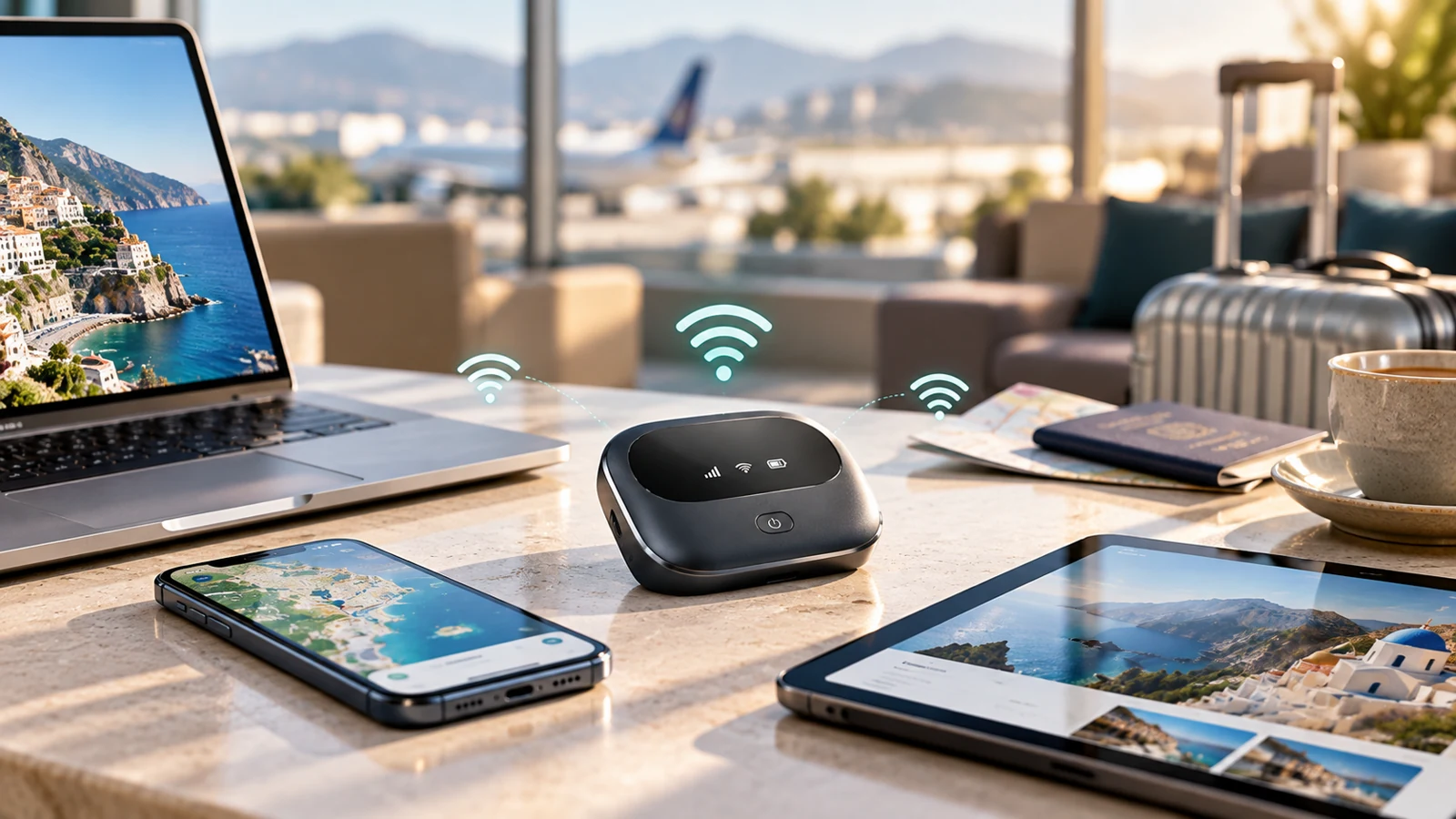 Portable router connecting a laptop, tablet and phone at a travel desk
