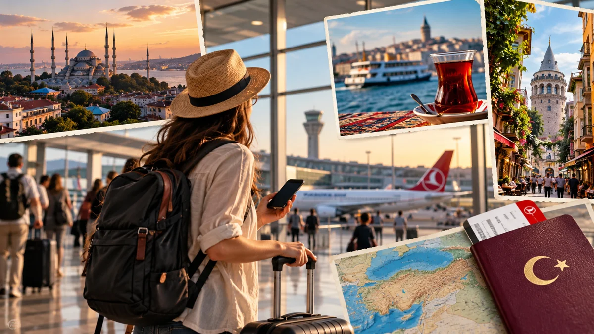 Editorial illustration of an Istanbul arrival and travel planning