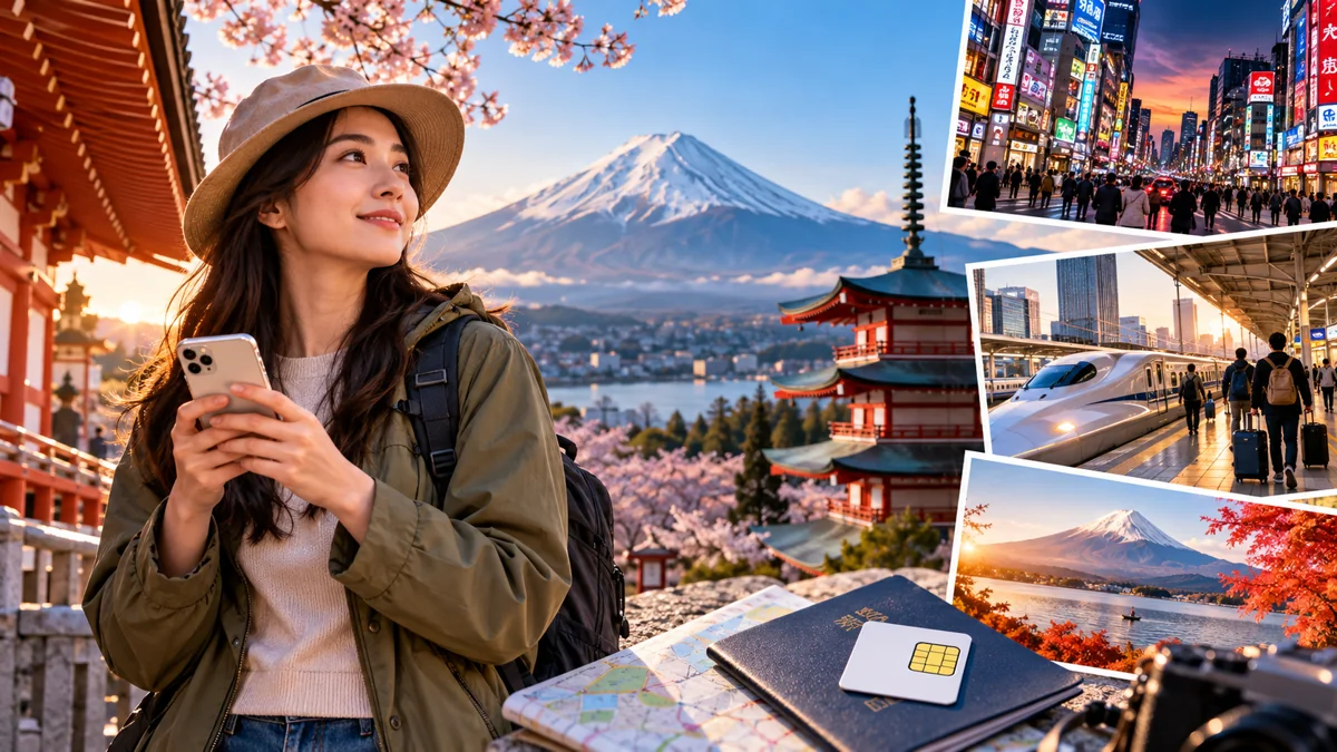 Editorial collage of a traveler, Mount Fuji and Japanese cities