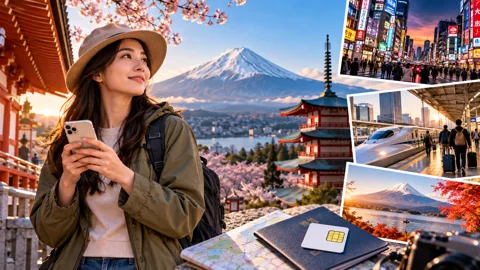 Editorial collage of a traveler, Mount Fuji and Japanese cities