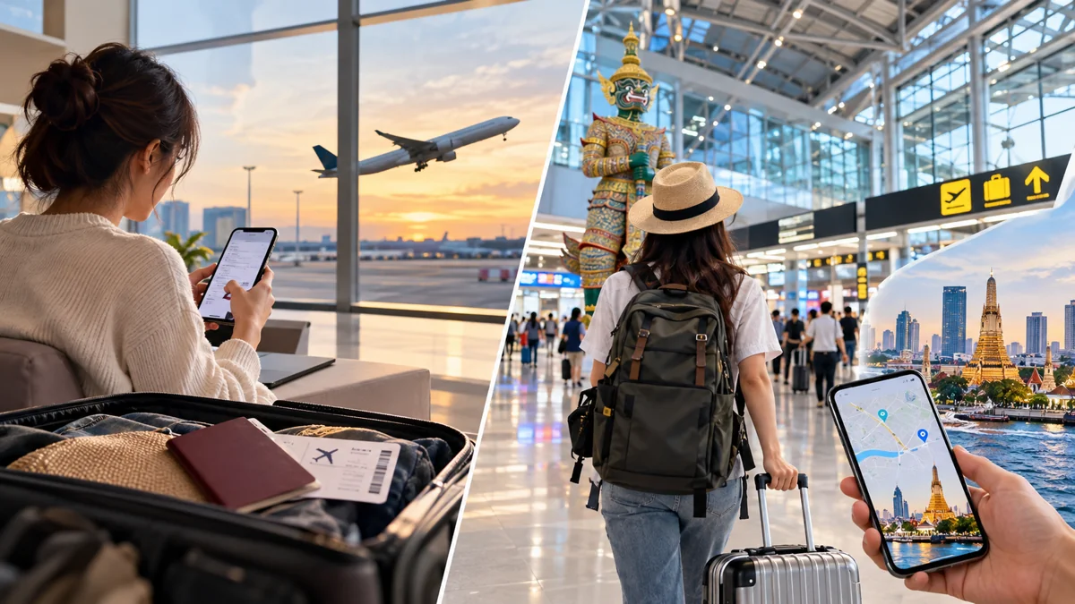 Editorial illustration of a Bangkok airport arrival with a travel phone