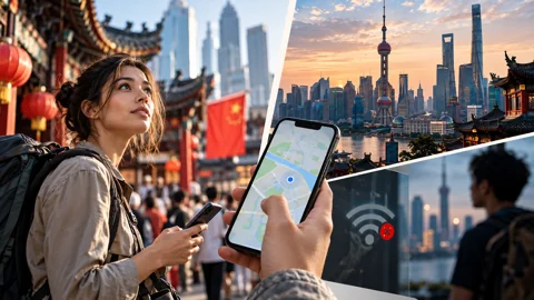 Editorial illustration of a traveler and phone on the Shanghai waterfront